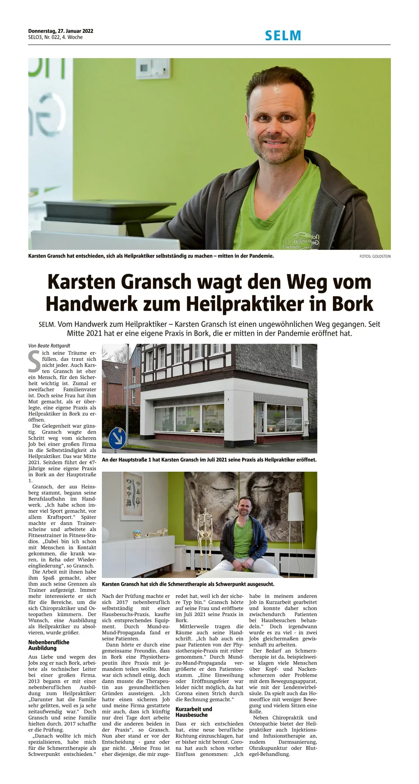 Presseartikel - Ruhrnachrichten - Karsten Gransch wagt den Weg vom Handwerk zum Heilpraktiker in Bork - 22. Januar 2022